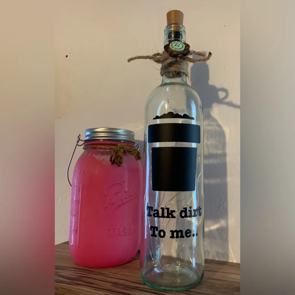 Hand Crafted- ‘Talk dirt to me’ wine bottle lantern